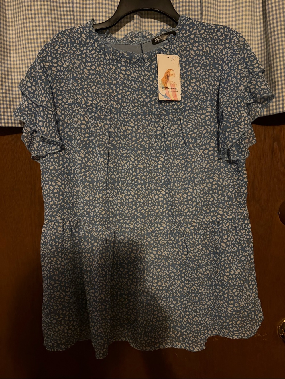 Blue Short Sleeve Ruffle Top with White Micro Print